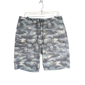 Simms SolarFlex Board Shorts Mens 34 Blue Grey Camo Fishing Performance